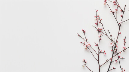 Minimalistic cherry blossom branches on white background with space for text