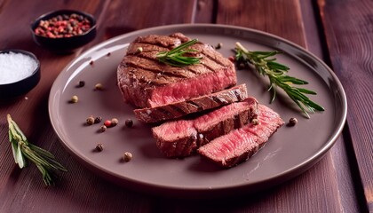 Beef steak  grilled in plate on wooden background