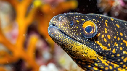 Close up of the head of a yellowmargin moray fish