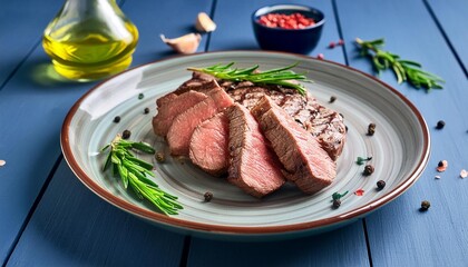 Beef steak  grilled in plate on wooden background