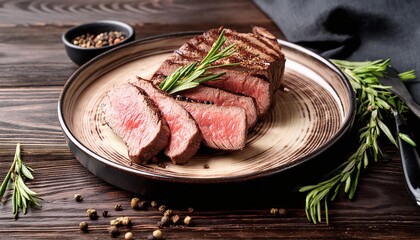 Beef steak  grilled in plate on wooden background