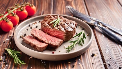 Beef steak  grilled in plate on wooden background