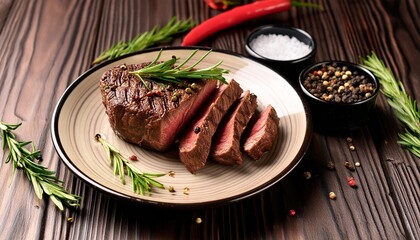 Beef steak  grilled in plate on wooden background