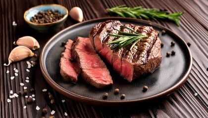 Beef steak  grilled in plate on wooden background