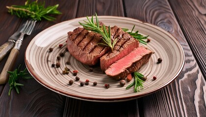 Beef steak  grilled in plate on wooden background