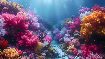 A vibrant nature coral atoll landscape with a variety of marine life, the corals creating a colorful underwater garden