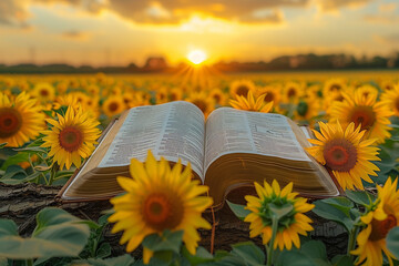 Holy Bible in the middle of a field of sunflowers and the sunrise in the background