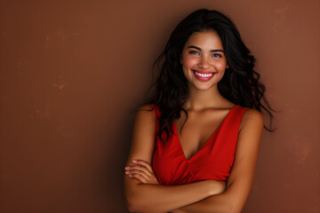 Naklejka premium A smiling Latin woman with arms crossed on a brown background, portraying confidence and happiness.