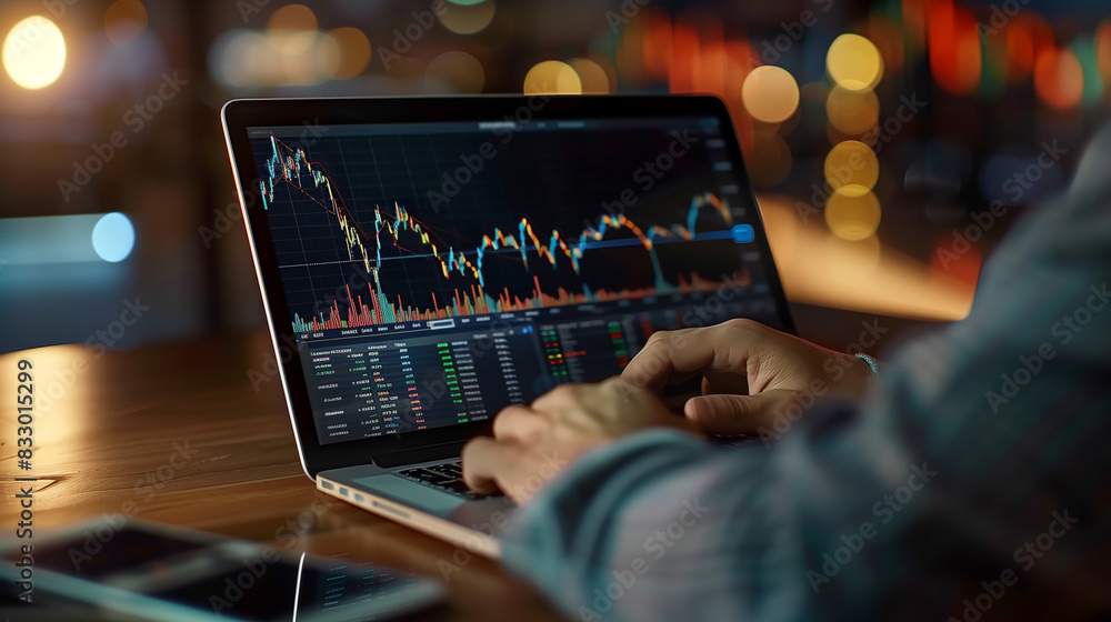 Poster a man is typing on a laptop with a graph on the screen. the graph shows a downward trend, which may 
