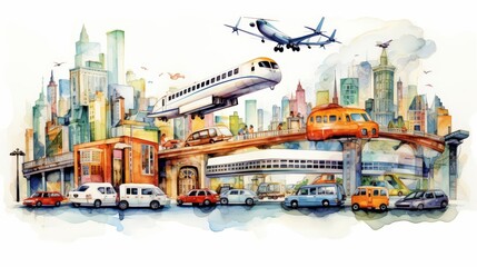 Obraz premium A watercolor of multimodal transport