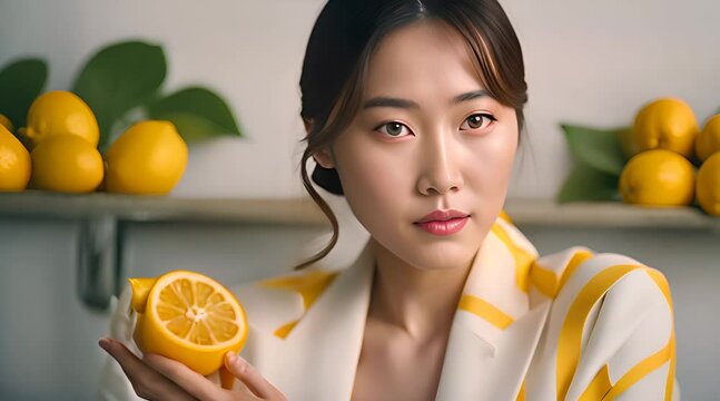 レモンと鮮やかな表情を見せるアジア人女性のファッションポートレート