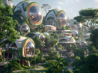 Futuristic Organic Architecture Domes Nestled in Lush Tropical Jungle Landscape