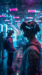 Futuristic Simulation Tunnel in Neon Lit Urban Environment