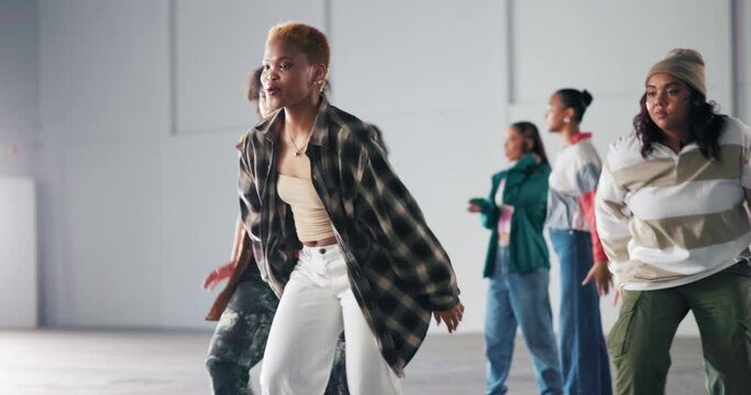 Dancer, group and studio for hip hop class, performance practice and movement together in rehearsal and speaking. Teaching, dancing and counting for beat, routine and support with friends or energy