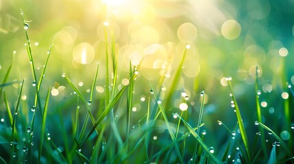 Fototapeta premium landscape photo of sunlight reflecting dewdrops on fresh green grass