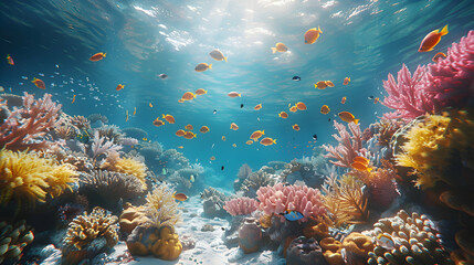 A vibrant nature coral reef landscape with schools of fish swimming among the corals, the water crystal clear