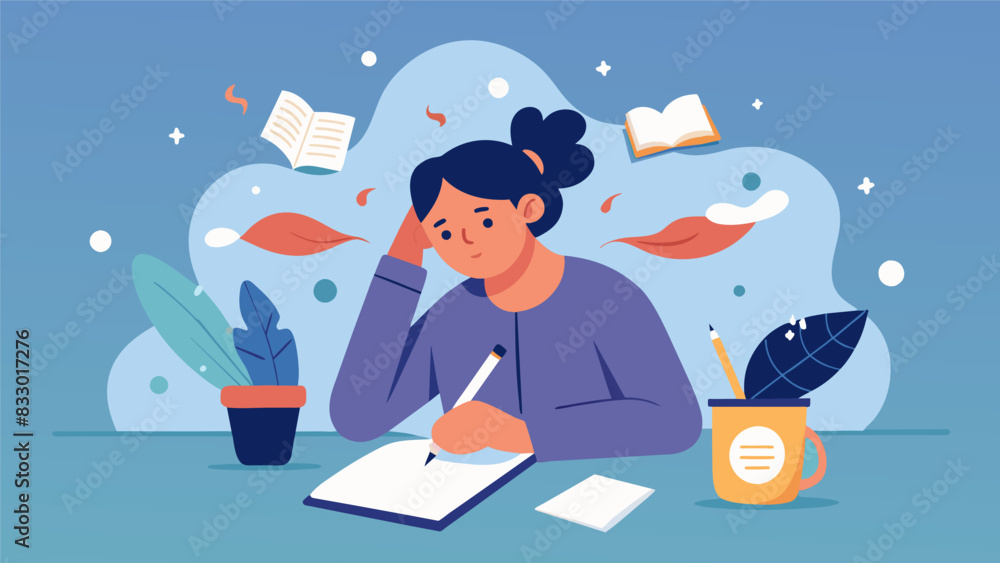 Poster in the midst of a busy day the writer takes a moment to pause and write in their journal with their 
