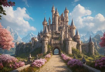 Magnificent and enthralling game art castle reminiscent of a fantasy land, with tall towers, a drawbridge, and an expansive garden
