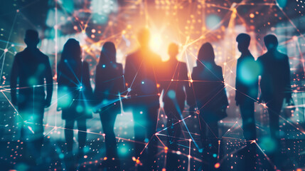 A group of people are holding hands in a circle, with a computer monitor in the background. Concept of unity and collaboration, as the people are working together towards a common goal