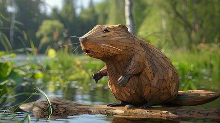 Handcrafted Wooden Beaver Sculpture Amidst Lush Forest Scenery