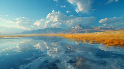 A vibrant nature desert landscape with a mirage creating an illusion of water on the horizon