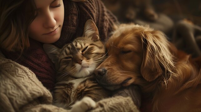 Capture a harmonious moment between a cat, a dog, and their owner, all embracing together to highlight the special bond shared between different pets and their human Hug Your Cat Day