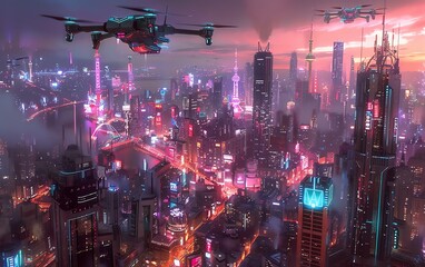 Obraz premium Depict a visually stunning scene of Aerial Robotics in a Neon Cityscape