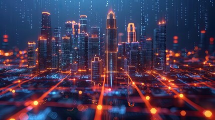 Obraz premium Futuristic City Skyline with Glowing Digital Grid and Skyscrapers at Night