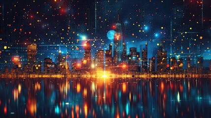 Fototapeta premium Futuristic Digital Cityscape with Colorful Lights Reflecting on Water at Night