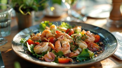 Fresh Seafood Salad with Grilled Shrimp, Fresh Tomatoes, and Mixed Greens