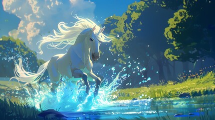 Majestic White Horse Galloping Through Enchanted Woodland Waterscape