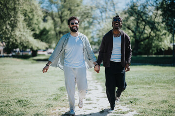 Fototapeta premium A happy, young gay couple enjoys a sunny day together, holding hands and smiling as they walk in a lush park.