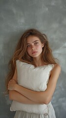 in front of the grey wall, while the girl embraces a pillow