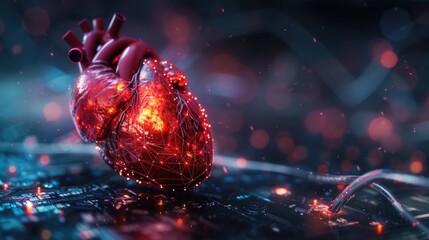 Futuristic Bio-Engineered Heart with Digital Infographic Elements in Hi-Tech Laboratory Setting