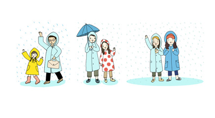 Collection of people walking under umbrella and wearing raincoat. Hand drawn style vector illustration.