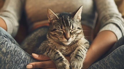 Capture a person hugging their cat during a yoga session, emphasizing the calm and peaceful connection that pets can bring to mindfulness practices Hug Your Cat Day