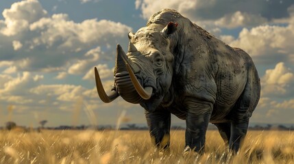 Obraz premium Powerful Rhinoceros Stands Tall in African Savanna Wilderness