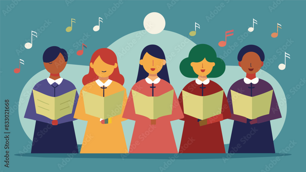 Poster the harmonious blend of high and low notes as the choir plays a classical hymn.. vector illustration