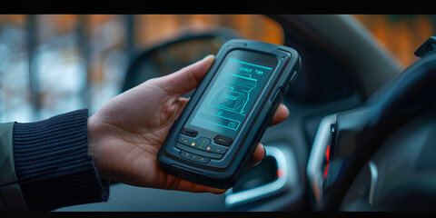 Hand Holding Rugged GPS Device in Car" / "Portable Navigation System for Outdoor Adventures"