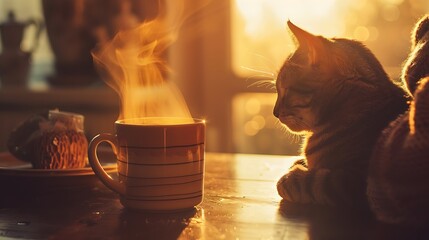 Capture the bond between a person and their cat during a quiet morning coffee ritual, with the aroma of coffee and the warmth of the sun adding to the cozy setting Hug Your Cat Day