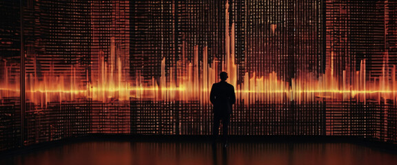 A silhouette of a person standing in front of a giant digital screen with a flow of data showing various cyber threats and vulnerabilities