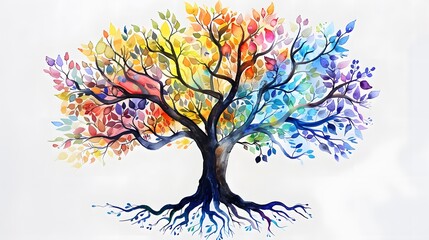 Fototapeta premium tree with colorful watercolor leaf