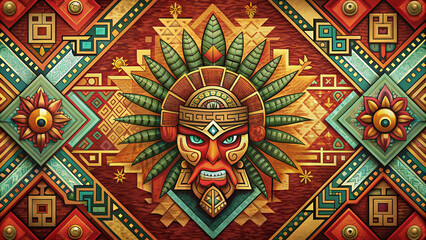 Obraz premium Aztec background with intricate geometric patterns, vibrant colors, and ancient tribal motifs, perfect for cultural designs, wallpapers, and art projects