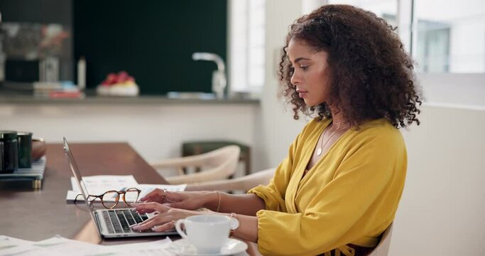Business, woman and typing on laptop for remote work with paperwork, freelance project and copywriting. Entrepreneur, employee and creative research with proposal, email editing and online planning