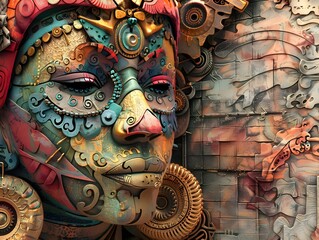 Obraz premium Vibrant Tribal Mask Sculpture with Intricate Colorful Patterns and Textures