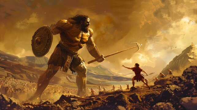 David fighting Goliath on the battlefield in high resolution and high quality. concept religion, history, biblical, culture