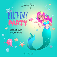 Magical day, birth day party invitation card, with mermaid, stars, fish, bubble, celebration, holiday, vector