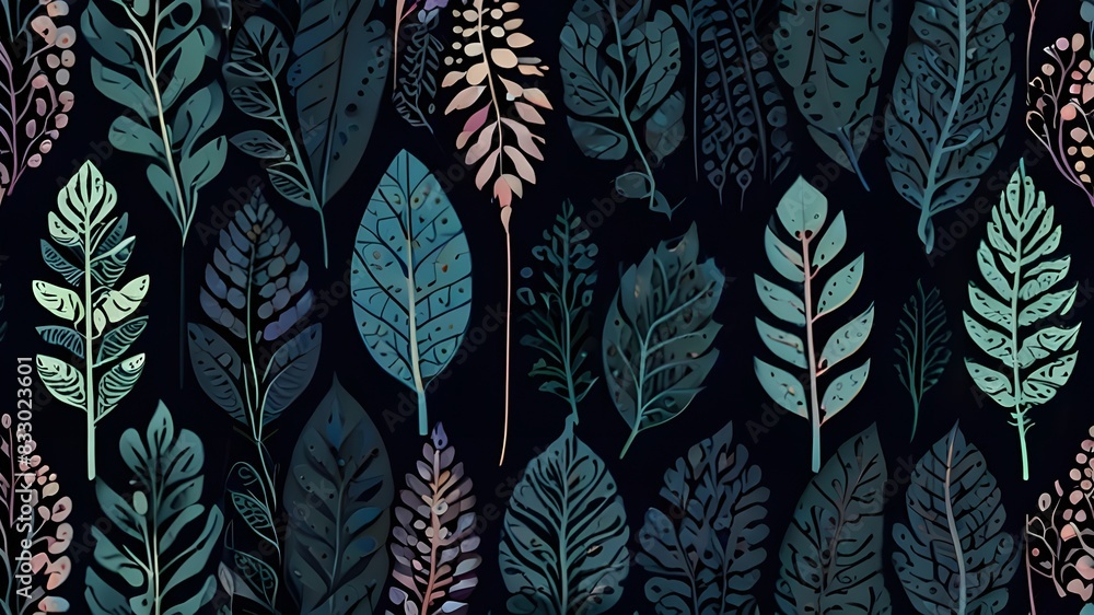 Poster seamless pattern with leaves. branches and leaves. dark blue background. cute pattern with leaves. f