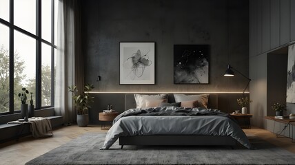 Using generative AI, this grey modern bedroom illustration was produced.