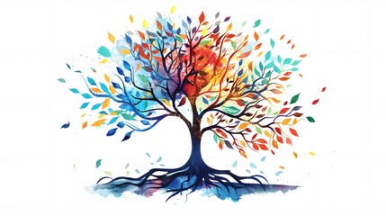 tree with colorful watercolor leaf